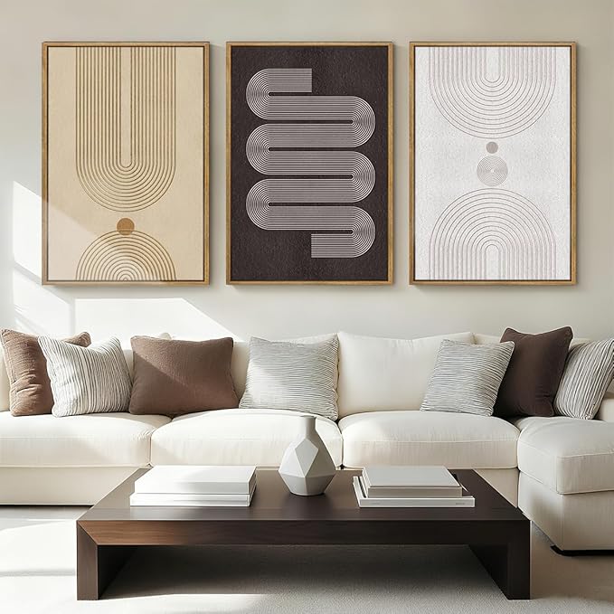 Anyzal Large Abstract Framed Wall Art 16x24 Inch Black Tan Neutral Canvas Wall Decor Modern Minimalist Geometric Line Artwork for Living Room Bedroom Set of 3