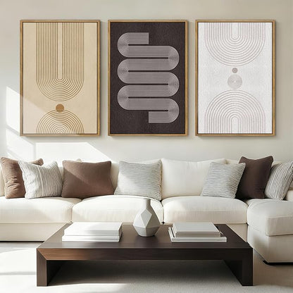 Anyzal Large Abstract Framed Wall Art 16x24 Inch Black Tan Neutral Canvas Wall Decor Modern Minimalist Geometric Line Artwork for Living Room Bedroom Set of 3