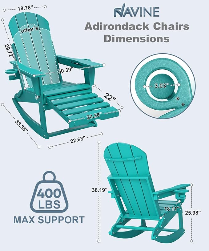 Adirondack Rocking Chairs Set of 2 with Retractable Ottoman, All Weather Folding Adirondack Chair with Two Cup Holders, Adirondack Outdoor Rocking Chairs for Porch, Patio, Balcony. Lake Blue