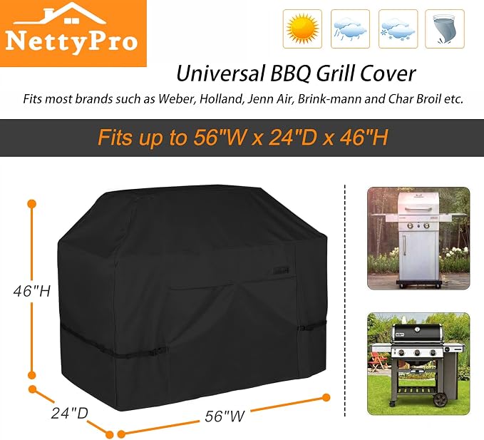 NettyPro Grill Cover Heavy Duty Waterproof 56 inch, Outdoor 2-3 Burners Gas BBQ Cover for Outside Weber, Char-Broil, Brinkmann, Nexgrill Barbecue, Black