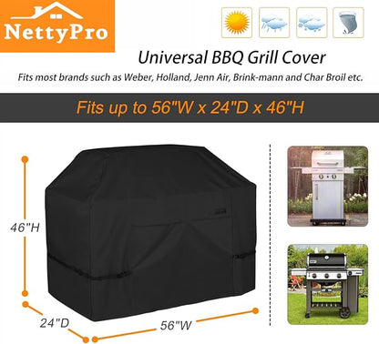 NettyPro Grill Cover Heavy Duty Waterproof 56 inch, Outdoor 2-3 Burners Gas BBQ Cover for Outside Weber, Char-Broil, Brinkmann, Nexgrill Barbecue, Black