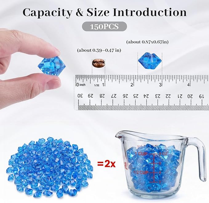 DomeStar Navy Blue Gems Fake Ice Rocks Acrylic Crystal Vase Filler, 150PCS | Catches the light for icy sparkle, 2-cup pack for vases, Candle displays, Table scatter, Wedding centerpieces, DIY decor