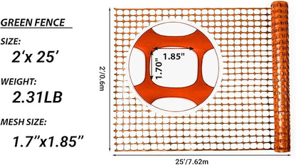 PotatoLife Plastic Mesh Fence Safety Fence, 2'x25' Roll with 50 Zip Ties, Resuable Temporary Netting for Garden Fencing, Construction, Snow Fencing, Animal Barrier, Poultry, Deer, Patio, Orange