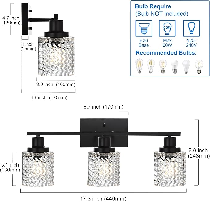 MELUCEE 3 Lights Modern Bathroom Light Fixtures Black Vanity Lights Indoor Wall Mounted Light with Hammered Glass Shade Suitable for Bathroom Living Room Hallway