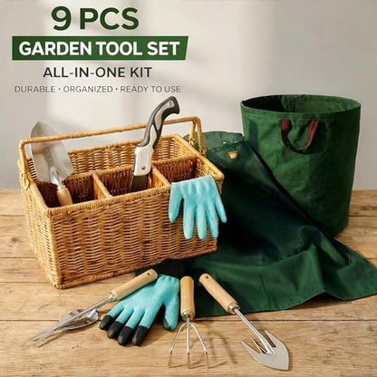 All-in-One Garden Tool Set with Basket, Stainless Steel Garden Tools with Wooden Handles, Garden Apron/Garden Waste Bags/Gardening Gloves Gardening Gift Set