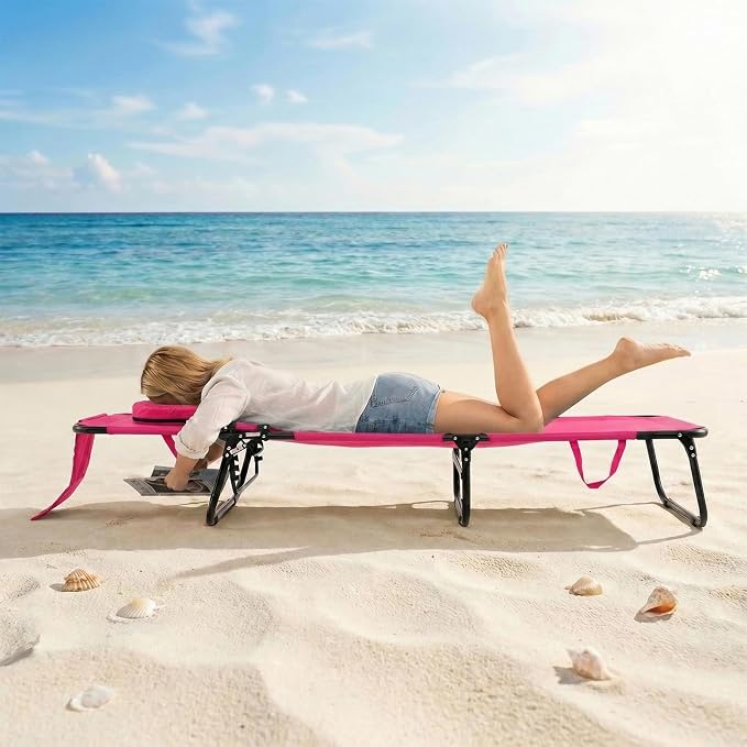 GYMAX Tanning Chair, Folding Lounge Chairs with Face Hole & Cover, Removable Pillow Carry Handle, Portable Compact Outdoor Layout Recliner for Beach, Poolside, Lawn, Patio, Camping (Pink,1)