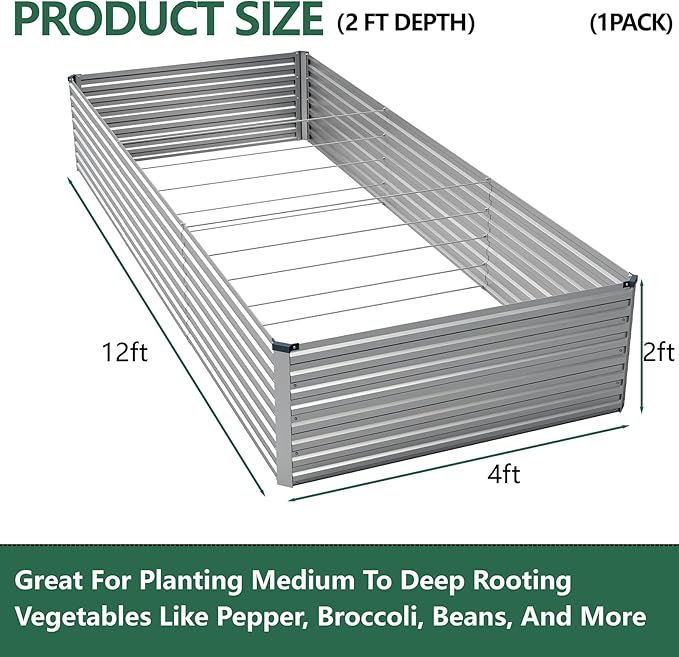 Vengarus 12x4x2FT Galvanized Raised Garden Bed Kit, Deep Root Planter Box Outdoor Large Planter Raised Beds for Planting Flowers,Vegetables and Herbs-Silver