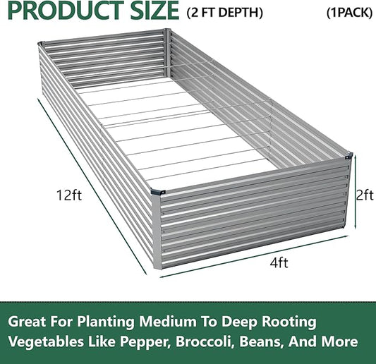 Vengarus 12x4x2FT Galvanized Raised Garden Bed Kit, Deep Root Planter Box Outdoor Large Planter Raised Beds for Planting Flowers,Vegetables and Herbs-Silver