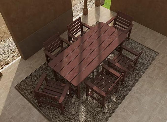 7-Piece Coffee HDPE Patio Table and Chairs Set, Weather Resistant Outdoor HDPE Dining Table Sets with Umbrella Hole for Lawn, Garden, Deck, Poolside, Balcony