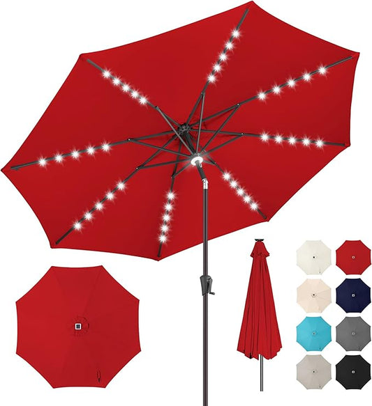 10ft Solar Umbrella Outdoor - Lighted Patio Umbrella with 40 LED Lights Waterprool Uv Protection, Table Umbrella with Tilt & Crank for Pool, Porch, Garden, Deck, Backyard(Red)