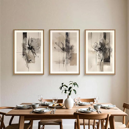 FWIEXA Black Beige Floral Canvas Wall Art Set 3, Neutral Abstract Framed Prints, Brushstroke Geometry Line Paintings, 16x24In Watercolor Ink Artwork Poster for Farmhouse, Living Room, Bedroom, Office