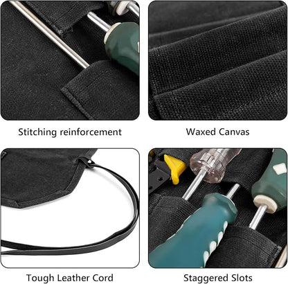 Tool Roll,10Slots Tool Roll Up Pouch,Heavy Duty Waxed Canvas Tool Roll Bag,Chisel Wrench Spanner Roll Tool Pouch with Leather Rope,Tool Roll Organizer for Mechanic Electrician Plumber Carpenter