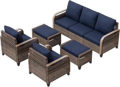 COOS BAY Modern Wicker Outdoor Furniture Set, Patio Conversation Set with Patio Chairs, 3 Seat Couch, and Ottomans, 5 Piece, Brown/Blue