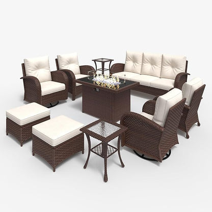 LayinSun 10 Pieces Outdoor Patio Furniture Set with Fire Pit Table, Rattan Wicker Sectional Swivel Rocker Chairs Sets