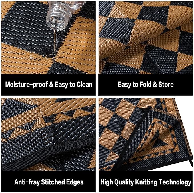 HUGEAR Outdoor Waterproof Rug 9'x12' Plastic Straw Rugs Washable Reversible Floor Mat Brown Plaid Carpet for Camping RV Deck Entryance Porch Picnic Balcony Beach Backyard