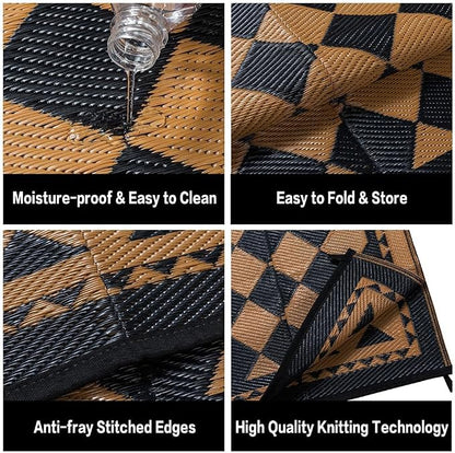 HUGEAR Outdoor Waterproof Rug 9'x12' Plastic Straw Rugs Washable Reversible Floor Mat Brown Plaid Carpet for Camping RV Deck Entryance Porch Picnic Balcony Beach Backyard