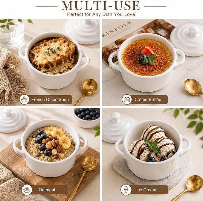 Mini Dutch Oven Set of 4, 14 oz Ceramic Mini Dutch Ovens with Lids and Handles, Ramekins with Lids for French Onion Soup, Pot Pies, Soufflés and Baked Desserts, Oven Safe, Microwave and Dishwasher Safe, Mini Cocotte