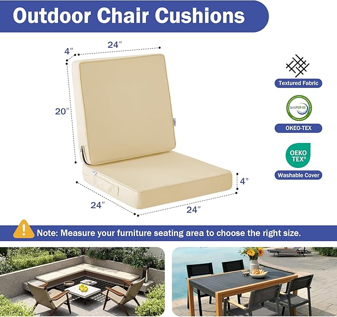 IPYNBAP Outdoor Cushions, Outdoor Chair Cushions 24x24x4 Inch, Cushions for Outdoor Furniture with Removable Cover, Waterproof & Fade Resistant Outdoor Seat Cushions for Patio, Lawn, Beige