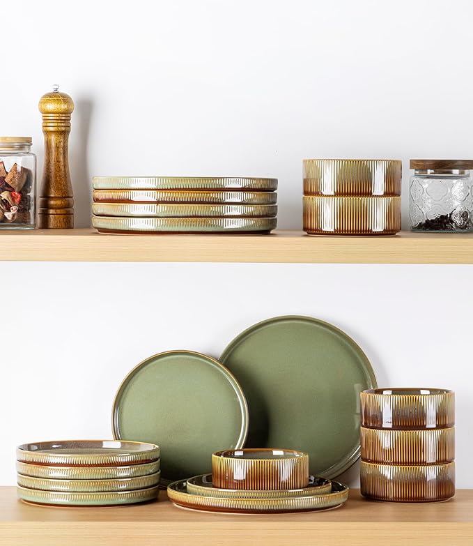 TheTerra Ceramic Dinnerware Sets for 4, 16 Pieces Porcelain Lightweight Plates and Bowls Sets, Scratch Resistant Dish Set, Oven & Microwave & Dishwasher Safe, Sage Umber