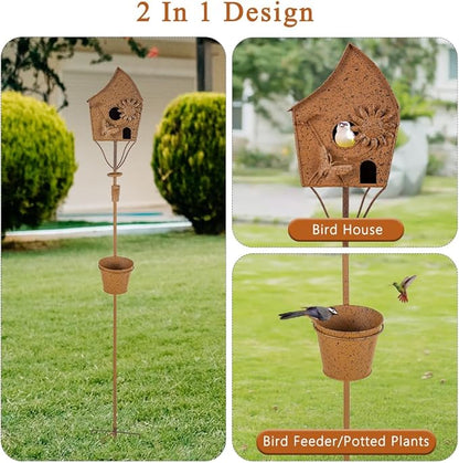 49" Bird Houses for Outside with Pole, Outdoor Metal Birdhouse with Tapered Bucket for Patio, Yard, Garden, Rust-Colored