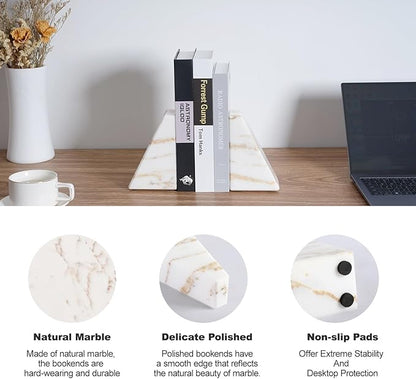 Karibiber Marble Bookends for Heavy Books, Calacatta Decorative Book Ends for Shelves, Unique and Heavy Bookends for Hardback Book & Cookbooks, Stone Book Stopper, Modern Book Holder,Set of 2