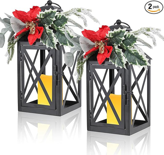 Christmas Lantern Outdoor Deror 13", 2 Pack Waterproof LED Hanging Decorative Candle Lantern with Berries Decor for Garden, Porch, Gift for Family, Friends, Women