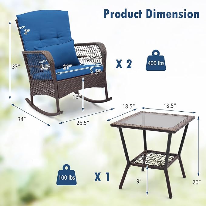 HAPPYGRILL 3 Pieces PE Rattan Rocking Bistro Set, Rocking Chairs with 2-Tier Coffee Table, Thick Pillows and Cushions, Outdoor Conversation Set for Porch, Garden and Poolside, (Navy)