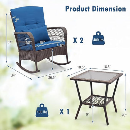 HAPPYGRILL 3 Pieces PE Rattan Rocking Bistro Set, Rocking Chairs with 2-Tier Coffee Table, Thick Pillows and Cushions, Outdoor Conversation Set for Porch, Garden and Poolside, (Navy)