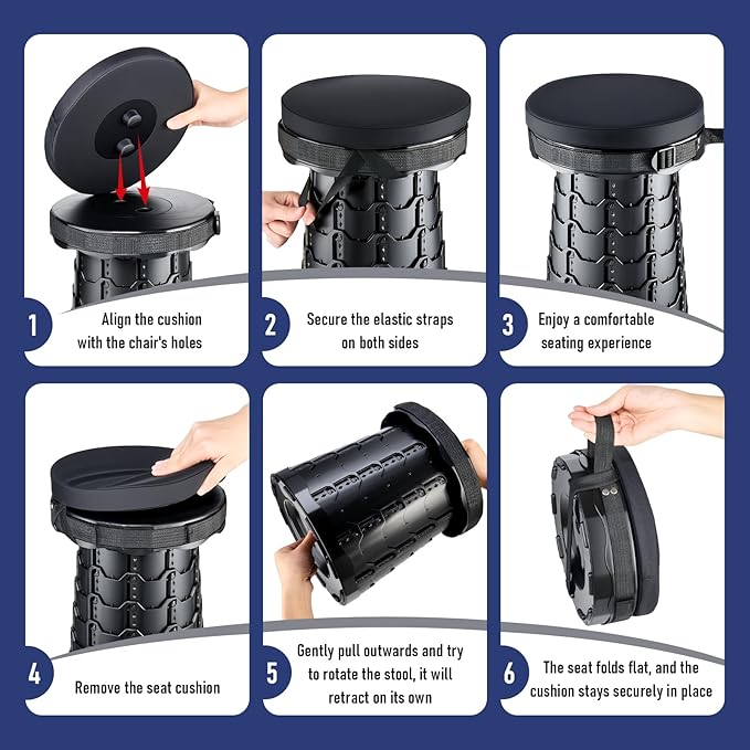 2026 Upgraded Collapsible Stool with Cushion, Portable Folding Stool for Adults Heavy Duty, Camping Stools for Outdoor Camping Travel Hiking Fishing, Adujstable Folding Chair Footrest，Black