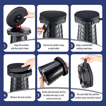 2026 Upgraded Collapsible Stool with Cushion, Portable Folding Stool for Adults Heavy Duty, Camping Stools for Outdoor Camping Travel Hiking Fishing, Adujstable Folding Chair Footrest，Black