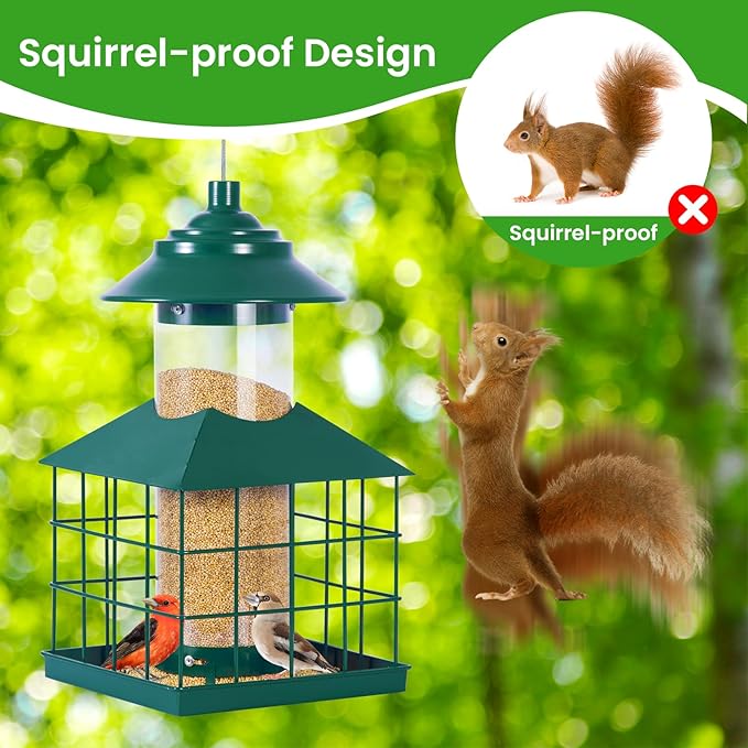 Squirrel Proof Bird Feeder, Hanging Metal Cage Bird Feeders for Outdoors, Weather Resistant Wild Bird Feeders with Finch Cardinal Chickadee, 3.4 LB Large Capacity,Green