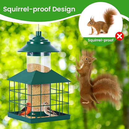 Squirrel Proof Bird Feeder, Hanging Metal Cage Bird Feeders for Outdoors, Weather Resistant Wild Bird Feeders with Finch Cardinal Chickadee, 3.4 LB Large Capacity,Green
