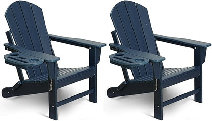 Adirondack Chair Set of 2, HDPE Folding Adirondack Chair with Multifunctional Cup Holder, Weather Resistant Fire Pit Chair for porches, patios, patios, poolsides, Decks.