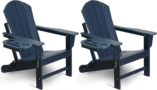 Adirondack Chair Set of 2, HDPE Folding Adirondack Chair with Multifunctional Cup Holder, Weather Resistant Fire Pit Chair for porches, patios, patios, poolsides, Decks.