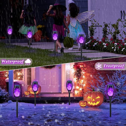KYEKIO Halloween Decorations Outdoor, 12Pack Purple Solar Halloween Lights, Solar Torch Lights with Flickering Flame for Garden Decor, Waterproof Outdoor Lighting, Scary Torches for Yard Lawn Pathway