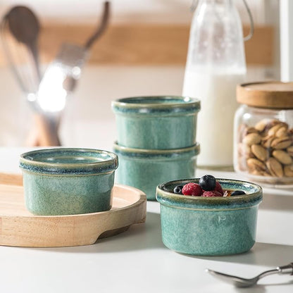 Ramekins 4 oz Oven Safe, Creme Brulee Ramekins, Pudding Custard Cups, Souffle Dishes, Small Ceramic Dipping Sauce Bowls Set of 4 - Moss Green