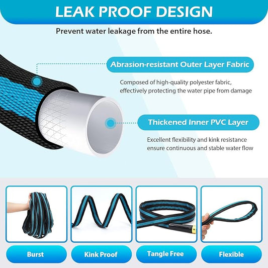 50FT Non-Expandable Garden Hose, Flexible Water Hose with Spray Nozzle, Kink-Resistant, Leakproof 3/4" Brass Connectors, Lightweight & Portable Water Pipe for Yard, Lawn Outdoor