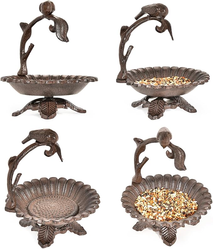 Sungmor Cast Iron Sunflower Birdbath for Outdoors, Vintage Small Fence Post Bird Feeder Bird Seed Tray, 6.1 Inch Patio Table Bird Bath Bowl, Home Garden Lawn Yard Decorations, Rustic Brown