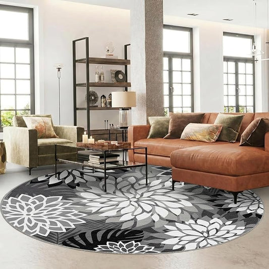 6x6 Outdoor Area Rug Washable Multicolored Patio Rug Tropical Botanical Floral Chenille Waterproof Outdoor Carpet Non-Slip for Patio, Deck, Backyard, Porch, Black