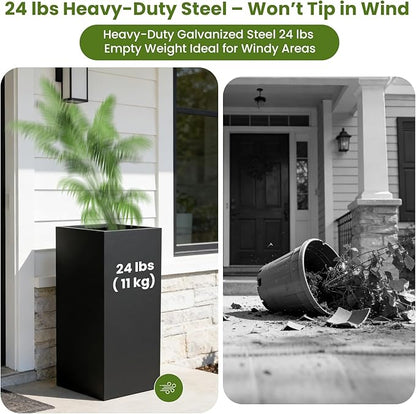 Nexum 30 Inch Tall Metal Planter Box for Outdoor/Indoor Use, Heavy Duty Galvanized Steel Vertical Planter, Modern Large Planter Boxes for Front Door, Porch & Patio (Tall Planter)