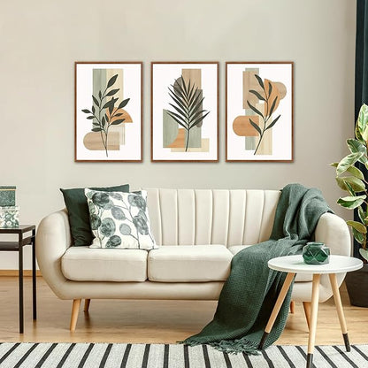 CHDITB Boho Botanical Geometric Framed Canvas Wall Art Set, Abstract Plant Figure Wall Decor, Sage Green Terracotta Wall Painting, Modern Minimalist Art Prints for Living Room Bedroom Office 16"x24"x3