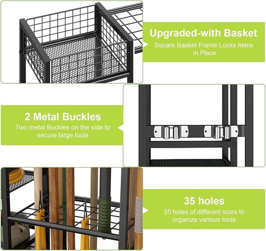 keomaisyto Garden Tool Organizer With Basket - 3 Tier Yard Storage Rack for Garage Organization, Heavy Duty Holder With 35 Long-Handled Slots for Shed, Yard, Garage