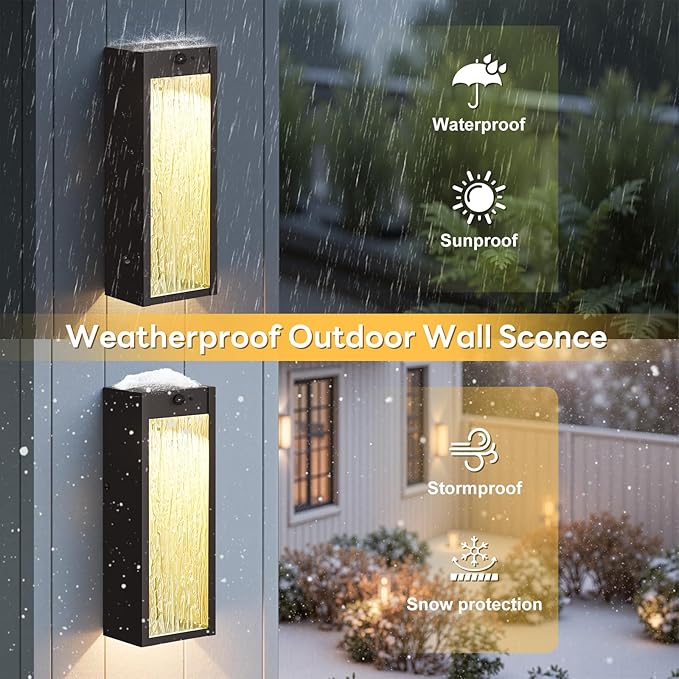 Dusk to Dawn LED Outdoor Wall Light 2 Pack, Bronze 15in Exterior Waterproof Porch Sconces, Large Modern Water Rippleed Outdoor Lighting Wall Mounted Outside Lantern for Garage Front Door