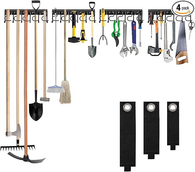 LEYU Metal Garage Tool Organizer Wall Mount, 4 Pack Garden Tool Organizer With Extension Cord Straps, Garage Organization Hooks and Hangers for Shed, Yard Storage, Wall Holder for Hanging Broom Mop