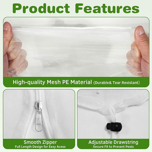 3 Pack Garden Bird Netting Plant Cover for Square Tomato Cages Protection, 59"x18" Insect Bird Barrier Garden Plant Netting Tomato Trellis Protective Cover with Zipper & Drawstring