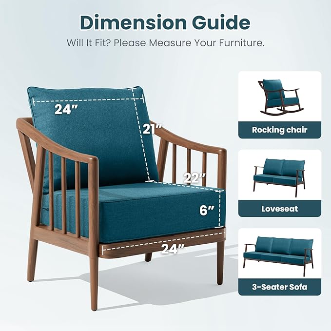 Outdoor Chair Cushions, 6 Inch Thick Patio Seat & Back Cushions Set with Removable Cover, Waterproof Patio Cushions for Outdoor Furniture, 22 x 24 Inch, Turquoise 6-Set