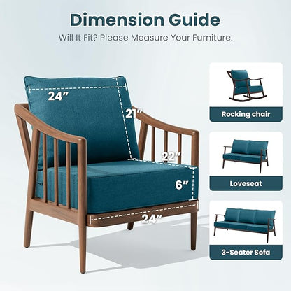 Outdoor Chair Cushions, 6 Inch Thick Patio Seat & Back Cushions Set with Removable Cover, Waterproof Patio Cushions for Outdoor Furniture, 22 x 24 Inch, Turquoise 6-Set