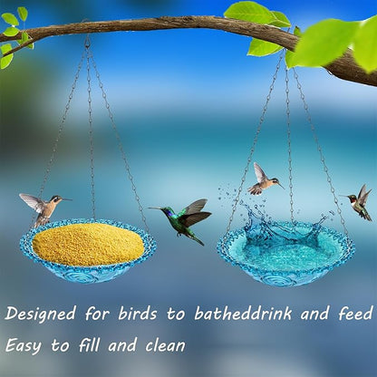 2 Pack Hanging Plastic Bird Baths and Feeders Set for Outdoors, Bird Water Bowls & Seed Trays to Attract Wild Birds, Garden Yard Decor Gift, Blue