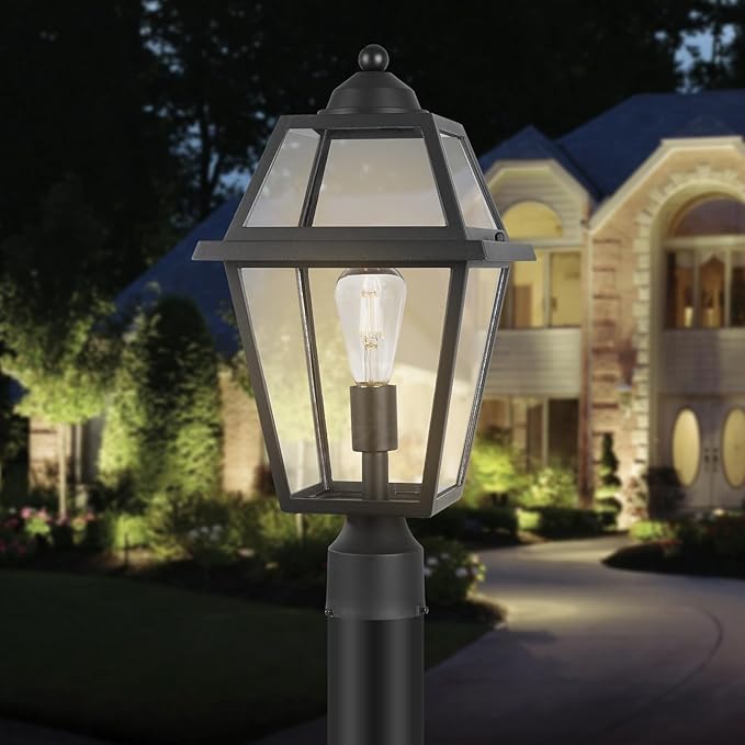 Large Outdoor Post Light Fixture, Colonial Exterior Pillar Lantern with Black Finish & Clear Glass, Vintage Pier Mount Pole Light Lamp for Garden, Backyard, Courtyard, Patio, Pathway, Walkway