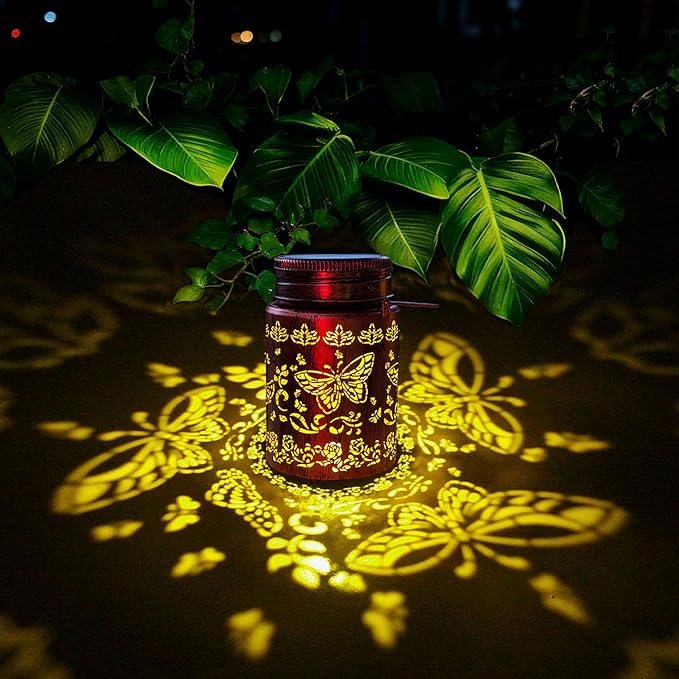 4pack Solar Outdoor Mason Lanterns, Hummingbird Butterfly Dragonfly Sunflower Garden Decor LED Light Hanging Waterproof Metal Lanterns for Patio, Pathway, Yard (Art Deco 4pack)
